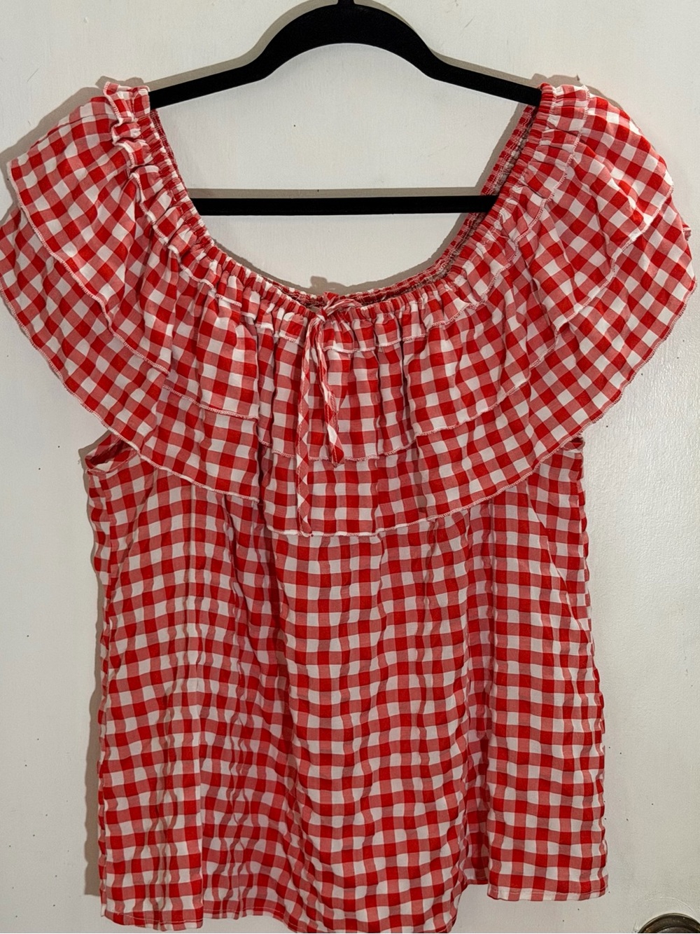 Red Gingham Off-Shoulder Peasant Top, woman L